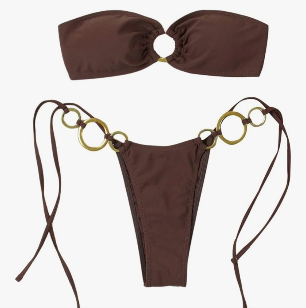 Brown Ring-Detail Bikini Set Adjustable‎ Bottoms And Top Size Large